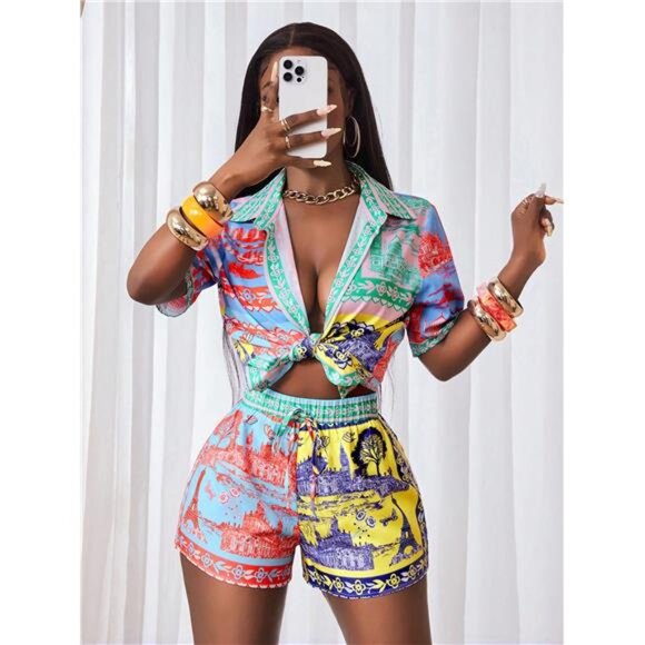 Variété Boutique Pants - NewBamGleam 2pcs Women's Summer Fashionable Contrast Color Printed Shirt &